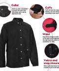 Heavy Duty Leather Welding Jacket With Flame Resistant Front And Breathable Flame Resistant Cotton Back featuring collar, cuffs, and waist details