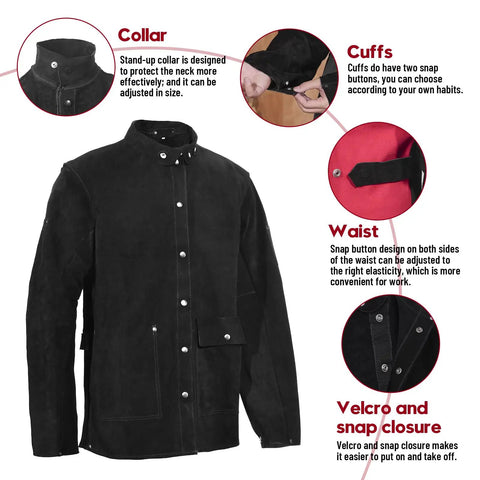 Heavy Duty Leather Welding Jacket With Flame Resistant Front And Breathable Flame Resistant Cotton Back featuring collar, cuffs, and waist details