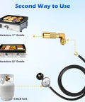 Diagram showing 10 Foot Propane Regulator Adapter Hose With QCC1, Three Eighths Inch Female Flare, connecting to Blackstone griddles.