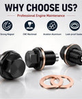 Universal M14 X 1.5 Magnetic Oil Drain Plug With Crush Washer Gaskets For Most Cars, CNC Aluminum Engine Oil Pan Bolt Kit That Traps Debris And Stops Leaks Like A Boss; black CNC aluminum plugs and copper gaskets