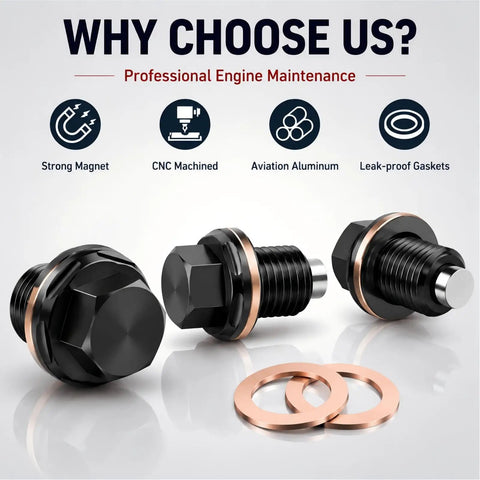 Universal M14 X 1.5 Magnetic Oil Drain Plug With Crush Washer Gaskets For Most Cars, CNC Aluminum Engine Oil Pan Bolt Kit That Traps Debris And Stops Leaks Like A Boss; black CNC aluminum plugs and copper gaskets