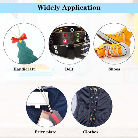 Widely application of Three Sixteenth Inch Grommet Tool Kit Eyelet Plier Set in shoes, clothes, belts, crafts, and price plates.