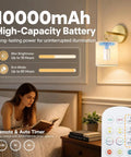 Zero Drilling Required, Battery Operated Wall Sconces Set Of Two With Remote, Brushed Gold Wireless Hanging Lamps with timer and 10000mAh battery.