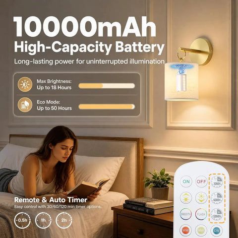 Zero Drilling Required, Battery Operated Wall Sconces Set Of Two With Remote, Brushed Gold Wireless Hanging Lamps with timer and 10000mAh battery.