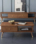 Top Shelf Retro Coffee Table For Living Room With Spacious Lower Shelf And Smooth Drawer Slides Mid Century Modern Wood Cocktail Table Featuring Rustic Brown Finish and styled with decor.
