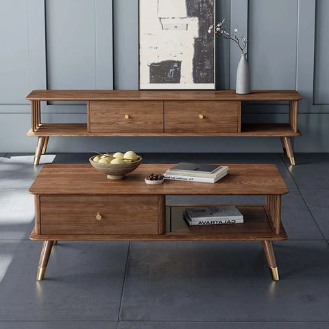 Top Shelf Retro Coffee Table For Living Room With Spacious Lower Shelf And Smooth Drawer Slides Mid Century Modern Wood Cocktail Table Featuring Rustic Brown Finish and styled with decor.