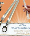 Clear Acrylic Curtain Pull Wand Set, 46 Inch Long, 2 Pack, Strong Half Inch Diameter Curtain Rod Accessory With Lobster Hooks, Nearly 48 Inch Extended, Built to Last, Weatherproof, Easy to Grip, clear 46-inch wand with hooks