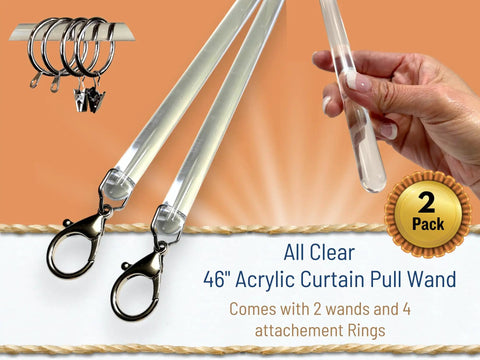 Clear Acrylic Curtain Pull Wand Set, 46 Inch Long, 2 Pack, Strong Half Inch Diameter Curtain Rod Accessory With Lobster Hooks, Nearly 48 Inch Extended, Built to Last, Weatherproof, Easy to Grip, clear 46-inch wand with hooks