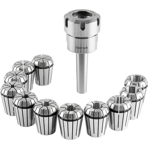 MT2 Shank ER32 Chuck Kit With Eleven Collets From One Eighth To Three Quarter Inch Increments In Sixteenth Inch Morse Taper Collet System Pro Grade Alloy Steel 0.0005 Inch Accuracy For End Mills Drills Reamers, ER32 collet set with MT2 shank
