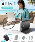 Woman using Hella Slick Compact Portable Charger 10000mAh Power Bank With Built In Usb C And Usb A Cables Plus AC Plug for charging a tablet.