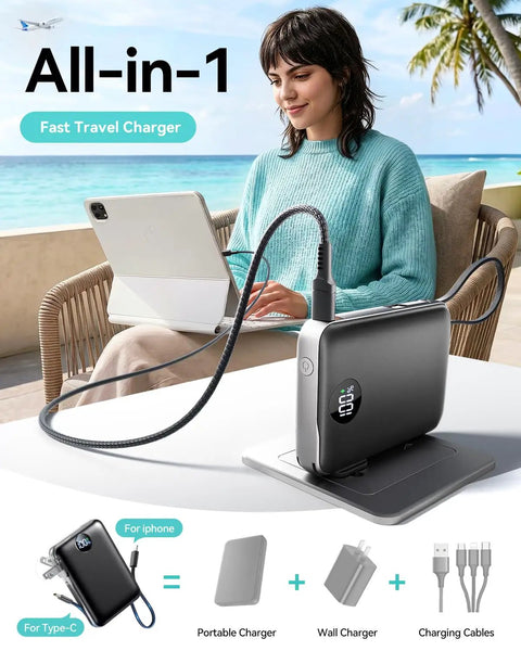 Woman using Hella Slick Compact Portable Charger 10000mAh Power Bank With Built In Usb C And Usb A Cables Plus AC Plug for charging a tablet.