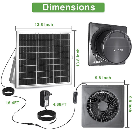 Dimensions of High Speed Solar Powered Exhaust Fan With 8-Inch Vent, including 25W solar panel, adapter, and bracket.