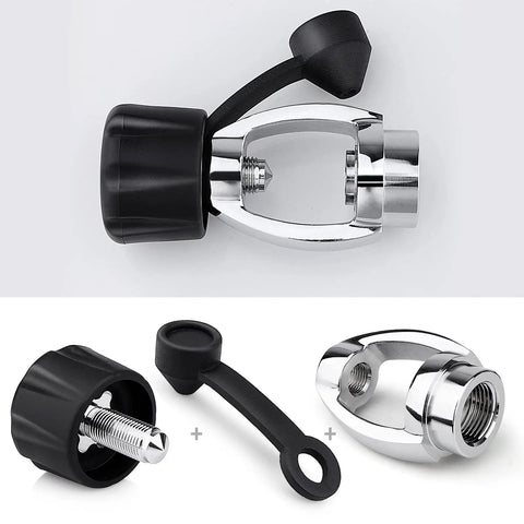 250 Bar 3500 PSI Chrome Plated Brass DIN To Yoke Regulator First Stage Adapter With Dust Cap shown with components