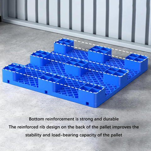 Bottom view of Built Tough Blue Plastic Pallet With Anti Slip Surface, Heavy Duty Polyethylene Dunnage Rack, Moisture Proof, Way Entry Design