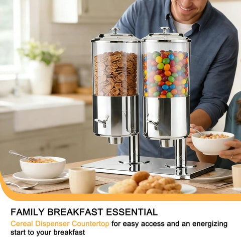 Built Different Stainless Steel Cereal Dispenser For Countertop 16L with dual heads holding cereal and candy.