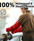 Extra Long Heavy Duty PVC Work Gloves Built Tough As Nails To Conquer Boiling Water And Harsh Chemicals in use on a steam valve.