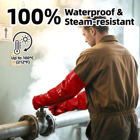 Extra Long Heavy Duty PVC Work Gloves Built Tough As Nails To Conquer Boiling Water And Harsh Chemicals in use on a steam valve.