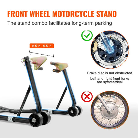 Beefy 850 Lb Front And Rear Motorcycle Stand Lift With Combo Fork Wheel Stand Front View with Brake Disc and Forks