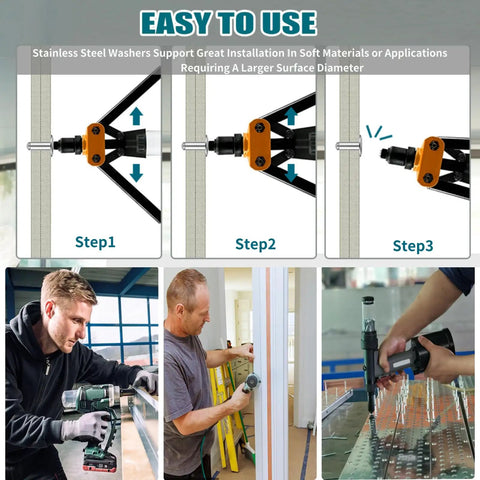450 Piece 304 Stainless Steel Pop Rivets With Washers Kit In One Eighth Inch Three Sixteenth Inch And One Quarter Inch Assorted Blind Rivets With 8 SAE Sizes For DIY Home Auto Repairs in use step-by-step installation guide.