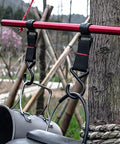 Five Piece Large Outdoor Camping Hook Set featuring S Shaped Movable Strap Hooks installed on a tree branch holding pots