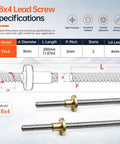 Straight Shooter T8 Acme Lead Screw Pair Matched With A High Precision Brass Nut For Ridiculously Smooth Linear Motion And 200Mm Stainless Steel Tr8X4 Two Start Thread Kit For Custom Rigs specifications with dimensions and detailed parts.