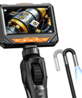 Two-Way 210° Articulating Borescope With 4.3 Inch 1080P Endoscope Camera And LED Light For Quick Engine And HVAC Inspections Pro-Grade Flexible Probe Crystal Clear Real-Time Views For Easy Troubleshooting black handheld unit with flexible probe and screen