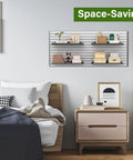Four Pack 17 By 10 Inch Metal Slatwall Shelves For Garage Or Shop Display, installed in bedroom with books and decor items