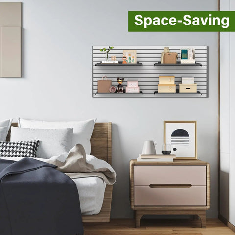 Four Pack 17 By 10 Inch Metal Slatwall Shelves For Garage Or Shop Display, installed in bedroom with books and decor items