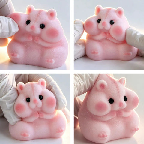 Totally Sweet Handmade Squishy Hamster Toy For Chill Out Vibes, ultra soft pink silicone stress relief fidget toy being squeezed.