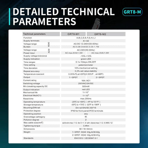 Technical parameters of Industrial Delay Timer Relay 16A On Off Control For AC DC 12-240V with ten modes, GRT8-M1 model.