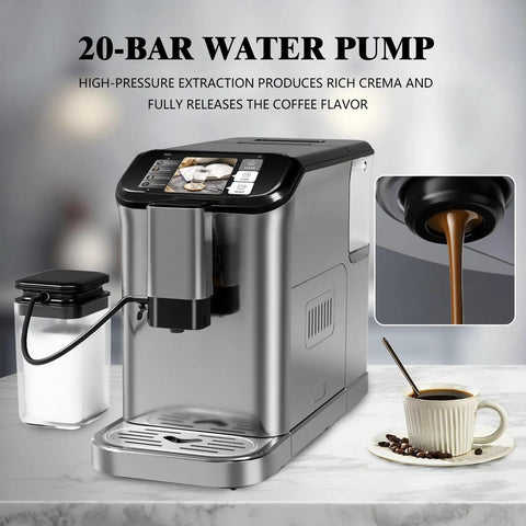 Top Notch Fully Automatic Espresso Machine With Smart Tft Display And One Touch Programs Featuring Dual Boiler Extraction Plus Quick Auto Milk Frother For No Stress Cafe Sips At Home Or Office on marble counter.