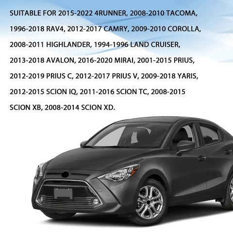Gray car suitable for multiple Toyota models including 4Runner, Camry, Corolla with text listing compatible years and models above.