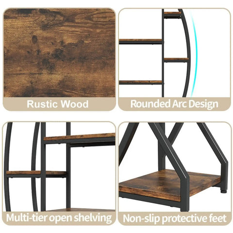 Features of Industrial Oval Etagere Bookshelf With Triple Wide Design And Five Tiers Boss Black Iron Pipe Frame And Wood Shelves