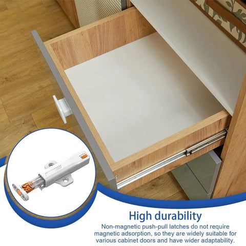 Beefy Push to Open Cabinet Latches for Doors and Drawers, Non Magnetic RV and Home Kitchen Storage on wood drawer