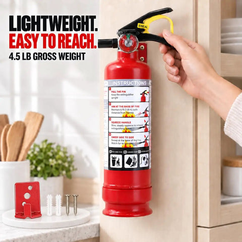 The Real Deal Abc Dry Chemical Fire Extinguisher 2.5 Pound Six Pack Ultra Lightweight Canisters mounted on a wall with instructions.
