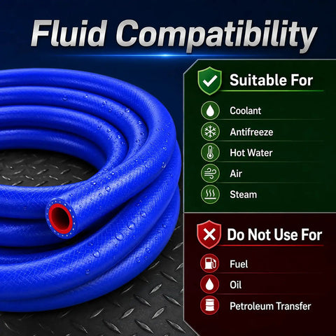 Heavy Duty Silicone Heater Hose With Three Layer Braided Core For Automotive Coolant Radiator Flow Delivering 276 Psi Burst Proof Strength In Ten Foot Straight Blue Profiles with compatibility details.