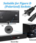 2 Prong Polarized AC Power Cord Replacement For HDTVs And Audio Gear, 6.5 Ft Long, shows compatibility with TV, sound bar, subwoofer.