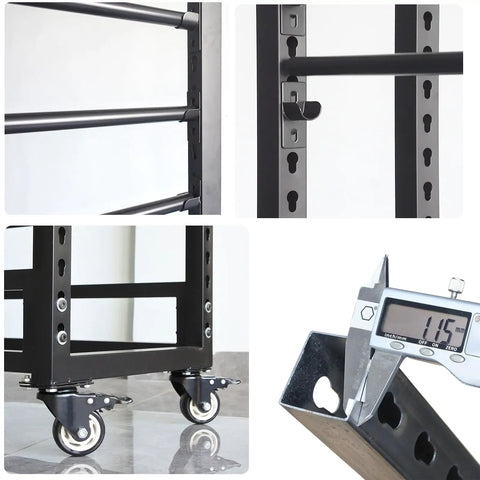 Heavy-Duty Steel Rolling Rack With Smooth Locking Casters, detailed view of locking mechanism and heavy-duty swivel wheels.