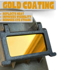 Aqua Shade 10 Gold Welding Lens 2x4 1/4 with aqua tint mounted on hood for TIG/MIG welding, showing golden reflection.