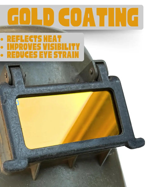 Aqua Shade 10 Gold Welding Lens 2x4 1/4 with aqua tint mounted on hood for TIG/MIG welding, showing golden reflection.