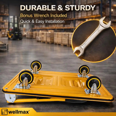 Foldable Push Cart Dolly With 360 Degree Swivel Wheels and wrench in warehouse, yellow compact moving platform hand truck