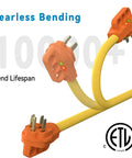 50 Amp RV Extension Cord 25 Ft Heavy Duty Weatherproof Generator Power Cable With LED Safe Indicators And Twist Lock NEMA 14-50P Male To SS2-50R 90 Degree Female 6/3 Plus 8/1 AWG STW Jacket ETL showing bend lifespan with fearless bending and orange connectors