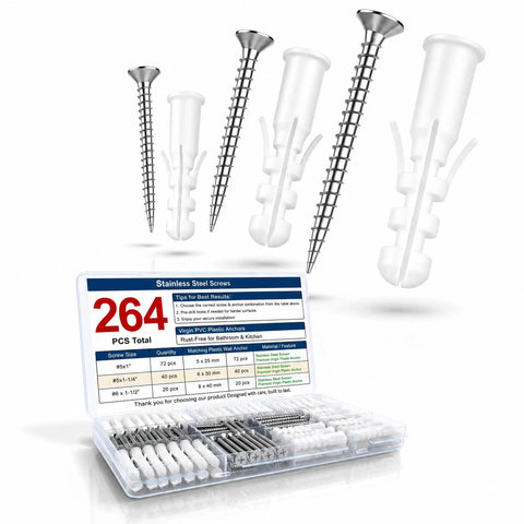 Heavy Duty 264 Piece Drywall Screws And Anchors Kit For Walls And Picture Hanging Stainless Steel Screws With Plastic Wall Anchors