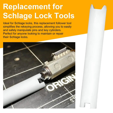 Plug Follower Replacement Tool For Rekey Kit M540051 next to cylinder lock on tabletop