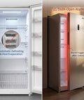 Huge 17 Cu Ft Upright Convertible Freezer And Fridge Hybrid showing inside with automatic defrosting features and door-open alarm.