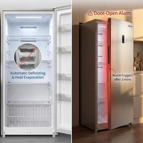Huge 17 Cu Ft Upright Convertible Freezer And Fridge Hybrid showing inside with automatic defrosting features and door-open alarm.