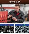 Man using must have portable thread gauge and bolt size finder with optimized spacing 44 nut and bolt sizes for organization