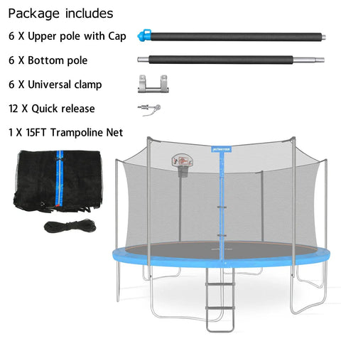 Kickass 15ft Trampoline Replacement Enclosure Poles With Foam Wrapped Safety Net and Heavy Duty Clamps, includes poles and safety net.