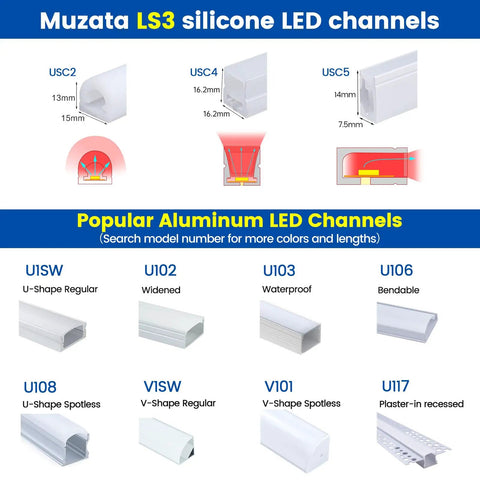 Muzata LS3 silicone and aluminum LED channels display various profiles and features; waterproof, bendable, and recessed options shown.