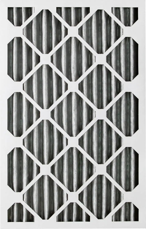 Close-up of MERV 10 Pleated Furnace Air Filter With Activated Carbon Odor Control in 18 X 25 X 2 size showing pleats and frame.